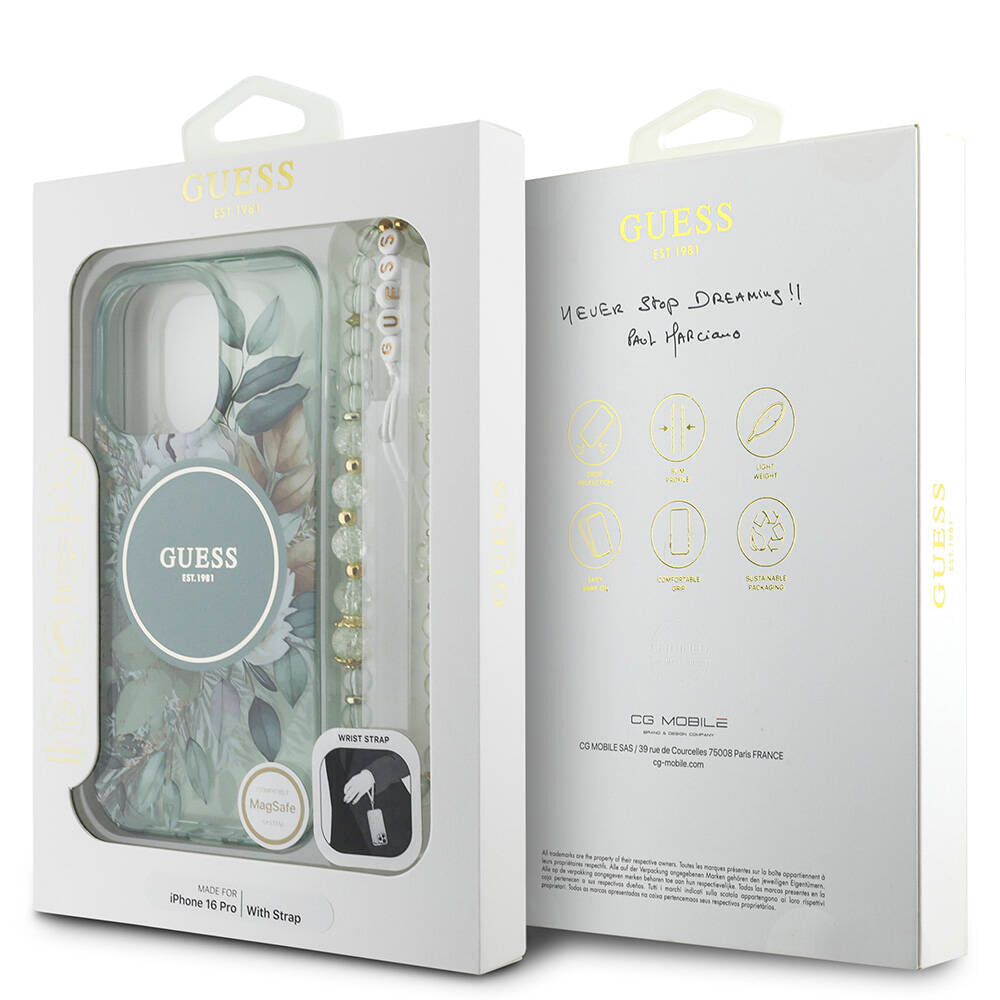 Guess iPhone 16 Pro Orjinal Lisanslı Magsafe Şarj Özellikli IML Baskılı Çiçek İnci Bileklikli Telefon Kılıfı - 27 Guess iPhone 16 Pro Orjinal Lisanslı Magsafe Şarj Özellikli IML Baskılı Çiçek İnci Bileklikli Telefon Kılıfı - 27